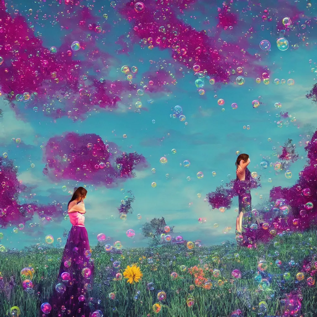 Prompt: “a woman staring at a giant vertical mirror in a landscape, colorful soap bubbles float above, a magenta skylight drapes the horizon, a single flower grows, highly detailed in 4K”