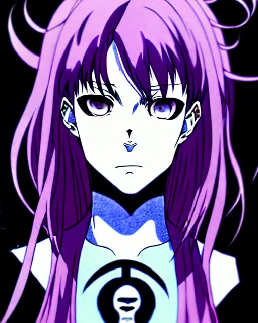 Image similar to style of madhouse studio anime, black lagoon manga, loish, artgerm, rafael albuquerque comic art, portrait of revy from black lagoon, symmetrical eyes and symmetrical face, jean shorts, white tank top, purple hair, sarcastic evil smirk on face, sky and ocean background