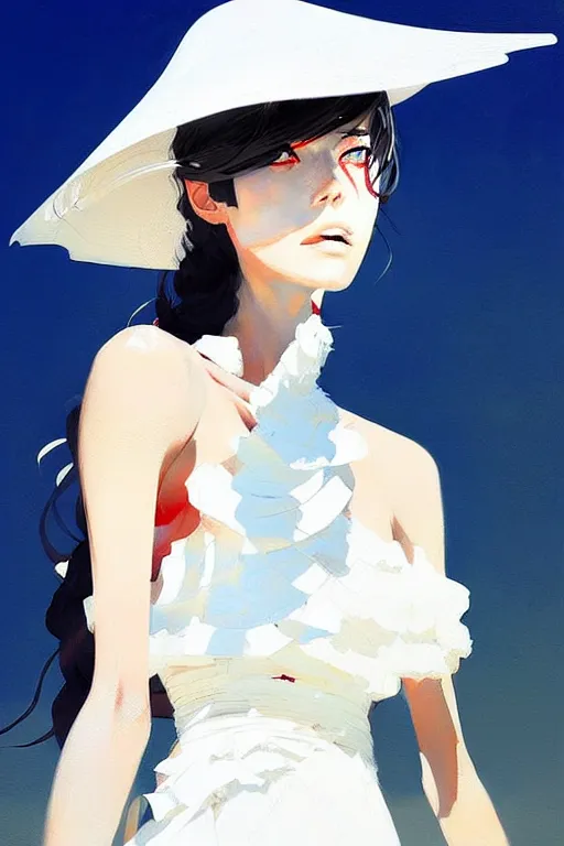 Image similar to a ultradetailed beautiful painting of a stylish woman wearing a white dress with a sun hat, by conrad roset, greg rutkowski and makoto shinkai trending on artstation