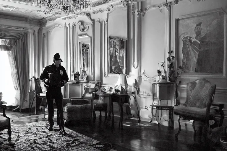 Image similar to cinematography portrait of a cop talking to his radio in an decadent mansion foyer by Emmanuel Lubezki