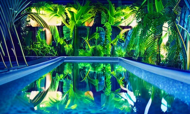 Image similar to indoor pool with ferns and palm trees at night, pool tubes, chromatic abberation, dramatic lighting, depth of field, 80s photo