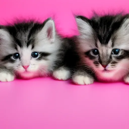 Image similar to hyper realistic photograph of the cutest fluffiest kittens rolling around playfully with cute pink hearts in the background