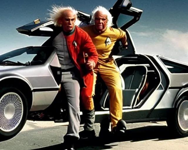 Prompt: doc brown and the delorean in a scene from star trek, the original series