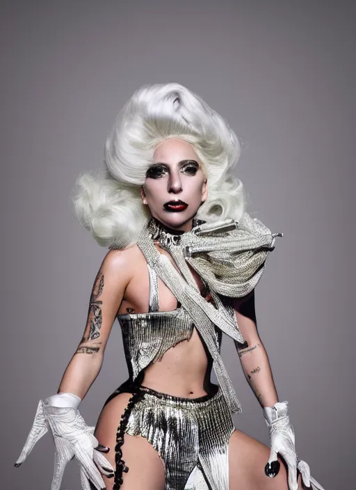 Image similar to lady gaga fashion outfit photoshoot by nick knight editorial studio lighting Highly realistic. High resolution. Highly detailed. Dramatic. 8k.4k.