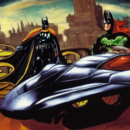 Image similar to batman and robin driving the batmobile, painted by el greco