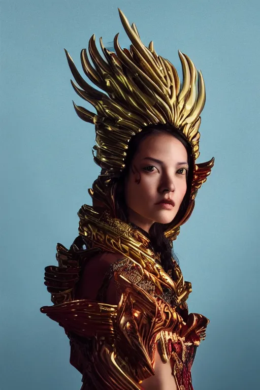 Image similar to an attractive powerful young slim 30yo female goddess of fire wearing a divine costume with a magnificent hood, feminine divine, award winning contemporary art close up headshot matte painting by Alessio Albi, Ross Tran, and WLOP, her outfit is intricate and was designed by Frank Stella and Masaaki Yuasa, portrait, trending on artstation, volumetric gel light