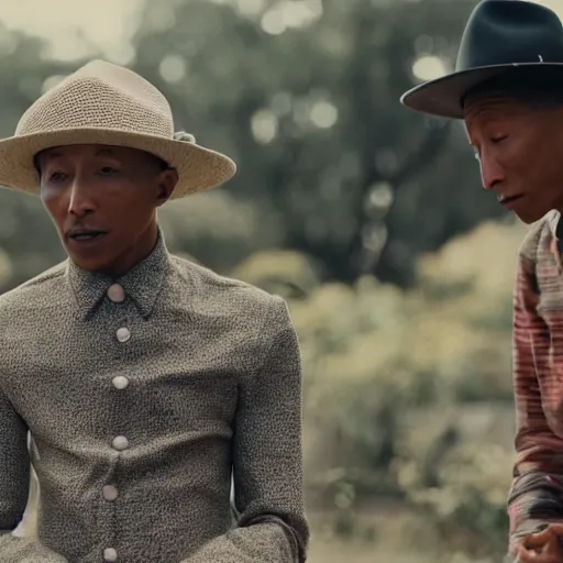 Image similar to cinematic film still of Pharrell Williams Making A Beat with an anthropomorphic alien, Japanese VFX, 2018, 400mm lens, f1.8, shallow depth of field,film photography