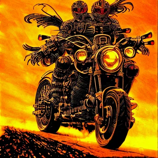 Image similar to infernal motorbikers, atmospheric lighting, painted, intricate, golden hour, ultra detailed by philippe druillet