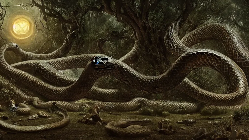 Prompt: a giant snake around the tree of life, high detail, 8k, ornate, dark fantasy, maximalist, realistic, masterpiece, complex, WLOP, film still from the movie directed by Denis Villeneuve, wide angle