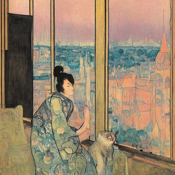 Image similar to portrait of sad woman in kimono and persian cat with city with gothic cathedral seen from a window frame with curtains. cloudy sunset. mikalojus konstantinas ciurlionis, henri de toulouse - lautrec, paul delvaux, utamaro, matisse, monet