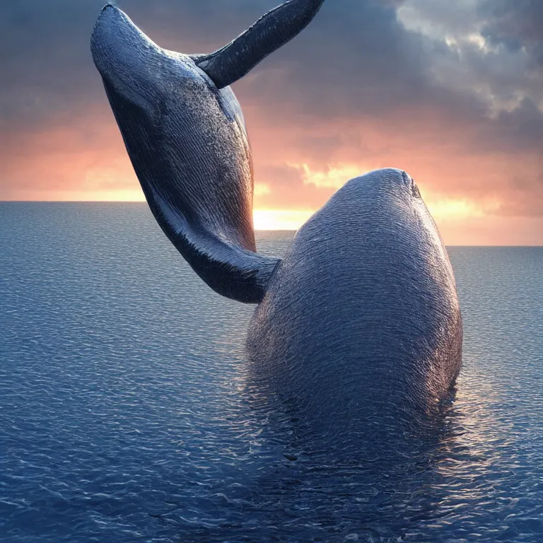 Image similar to octane render portrait by wayne barlow and carlo crivelli and glenn fabry, a blue whale made out of shiny reflective liquid metal swimming through beautiful sunset clouds, cinema 4 d, ray traced lighting, very short depth of field, bokeh