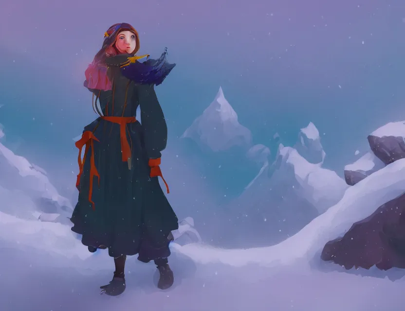 Prompt: crow alchemist girl in the flowering snowy mountains. complementary colors, indie concept art, luminescent, 4 k, chiaroscuro, rimlight.