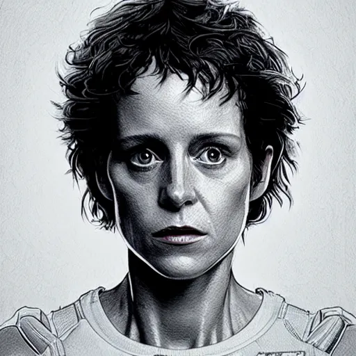 Image similar to a portrait of ellen ripley in alien, filmstill in the movie alien, ultrafine hyperdetailed illustration by kim jung gi, masterpiece. rendered in blender, smooth shadows, ultra detail, high resolution, unreal 6, 8 k