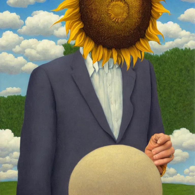 Image similar to portrait of a faceless sunflower - head man in a suit, clouds in the background, by rene magritte, detailed painting, distance, centered, hd, hq, high resolution, high detail, 4 k, 8 k