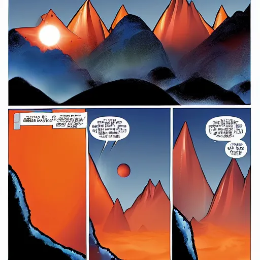 Image similar to orange and blue alien planet horizon with mountains and a solar eclipse, marvel comic book double page