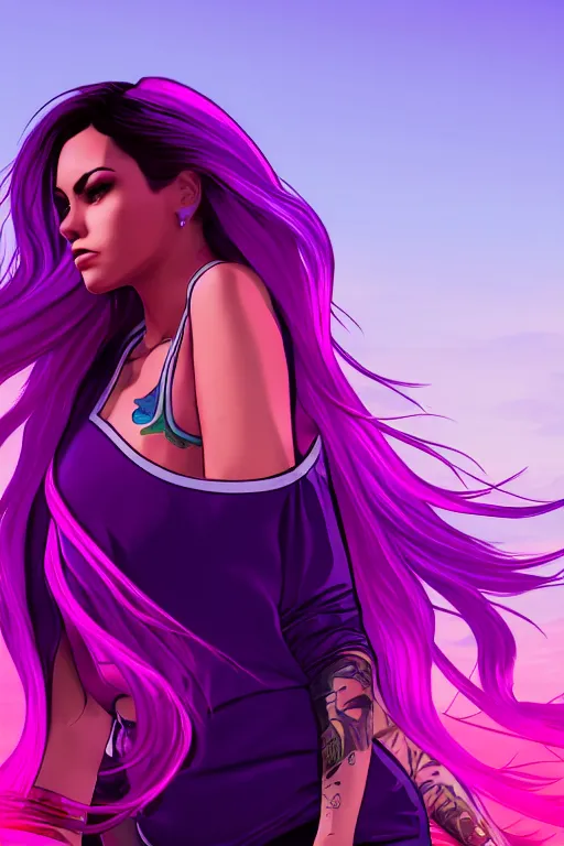 Image similar to a stunning GTA V loading screen with a beautiful woman with ombre purple pink hairstyle, hair blowing in the wind, outrun, vaporware, retro, digital art, trending on artstation