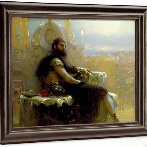 Image similar to portrait of silver knight resting his legs on a table, by gaston bussiere