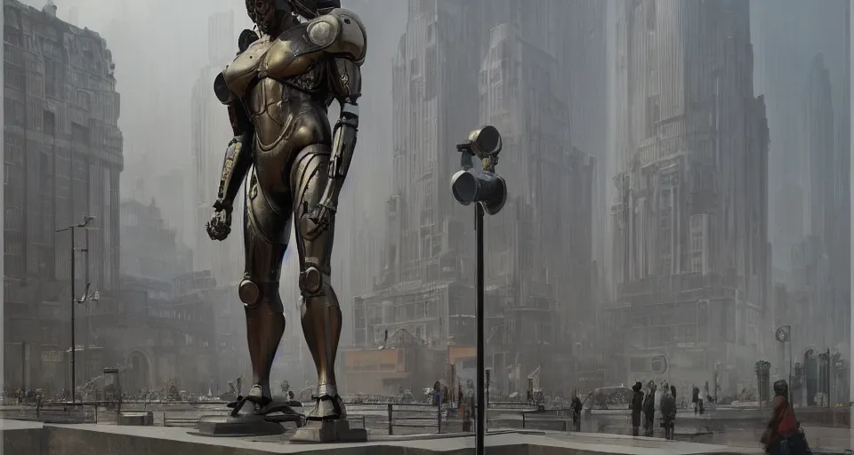 Image similar to cyborg bronze statue stands in the city center. art deco architecture. photorealism, soft light, morning. by greg rutkowski, frank lloyd wright, darek zabrocki. hyperrealism, dusty, moody, high detail, artstation, digital painting, octane render, tonal color scheme.