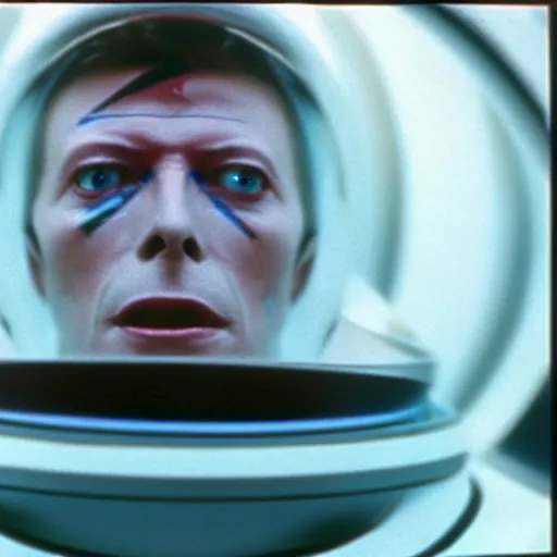 Image similar to film still of David Bowie as David Bowman in 2001 a space odyssey, 4k