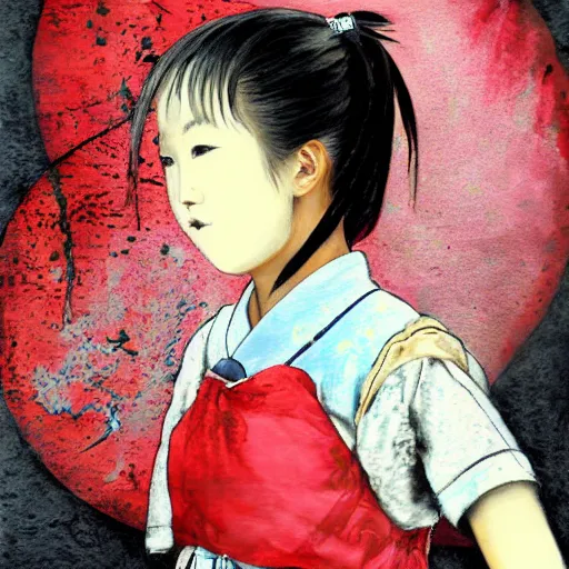 Image similar to an epic painting of Japanese schoolgirl, clothed, mixed media