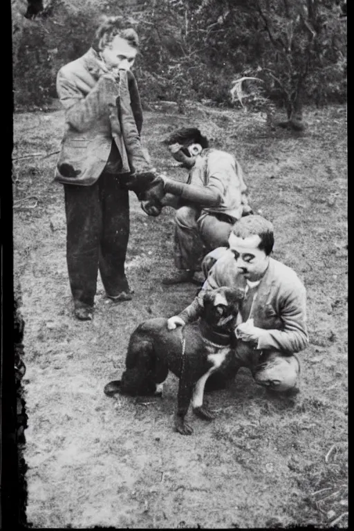 Prompt: men eating dog, old photo