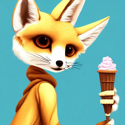 Prompt: furry art of female fennec fox walking down the street holding an icecream cone, digital art, artstation, 4K, detailed, detailed fur, big anime eyes, wearing yellow hoodie, detailed face, anthromorphic,