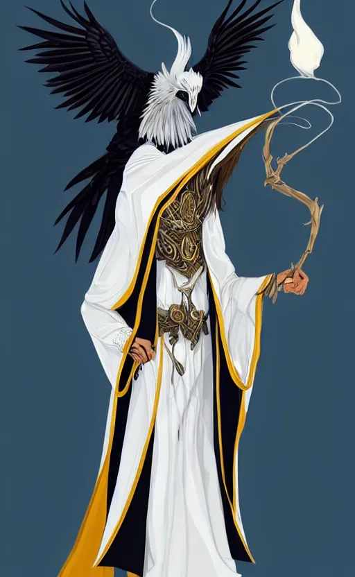 Image similar to raven headed male warlock doing wind magic, white and gold robes, exquisite details, full body character design on a white background, by studio muti