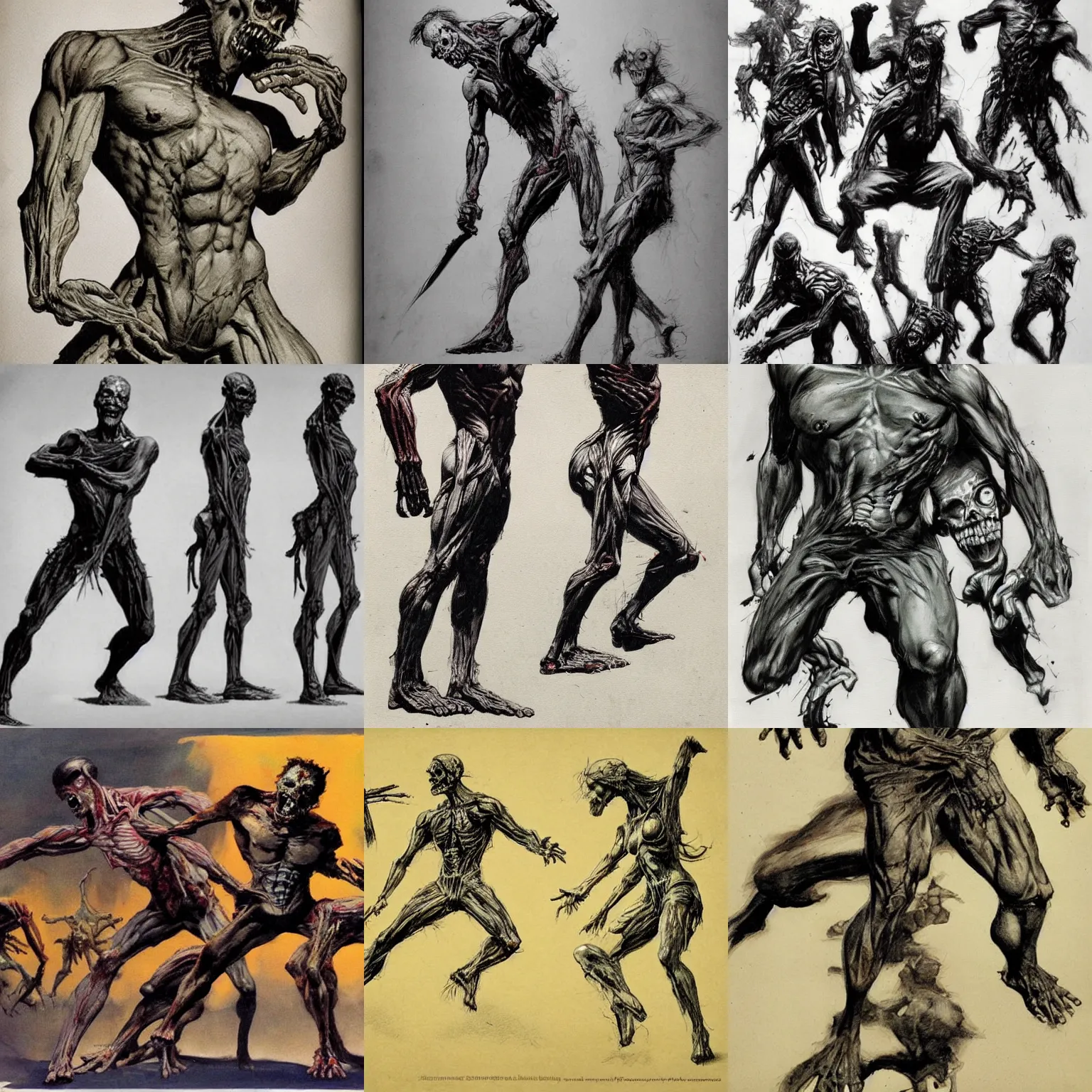 Prompt: zombie anatomy study in dynamic poses by frank frazetta