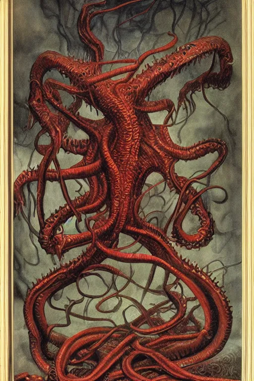 Prompt: portrait of an infernal eldritch demon with snakelike limbs by wayne barlowe and dante gabriel rosetti