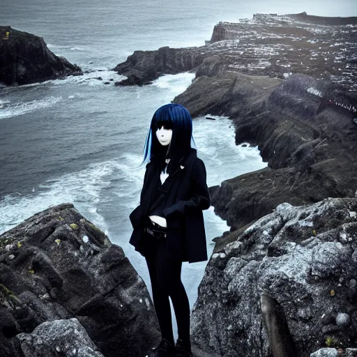 Image similar to 1 7 - year - old anime goth girl, black hair, long bob cut, long bangs, gothic coat, long bangs, standing on cliff along the irish coast, overcast gray skies, ultra - realistic, sharp details, cold lighting, blue and gray colors, intricate details, subsurface scattering, hd anime, 2 0 1 9 anime