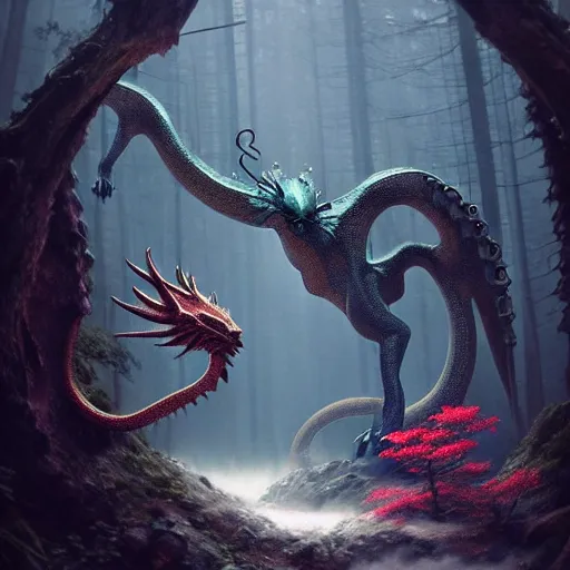 Prompt: ( ( ( ( ( dragon ) ) ) ) pokemon ) creature creature creature creature in a alaskan forest, : : by michal karcz, daniel merriam, victo ngai and guillermo del toro : : ornate, dynamic, particulate, intricate, elegant, highly detailed, centered, artstation, smooth, sharp focus, octane render, 3 d