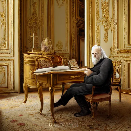 Image similar to An extremely detailed render of a 200 years old man with very old clothes, sitting at his Louis XIV desk, with very old curtains in the room, very old room. The very very very old man has a 1880 phone on his desk. Dust in the air, god rays, raytracing shadows, ambient occlusion, 8K, RTX 3090, trending on artstation, lumens