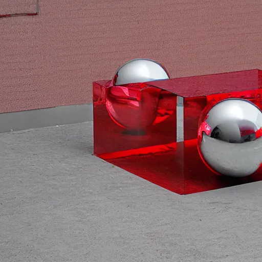 Prompt: chrome spheres on a red cube by abraham van beijeren
