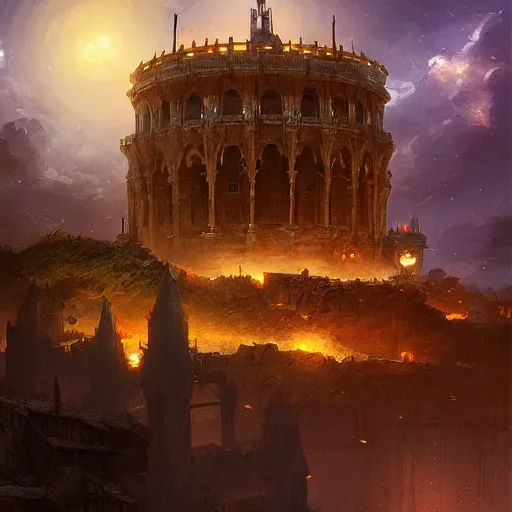 Image similar to torre del oro, atmospheric lighting, intricate, volumetric lighting, beautiful, sharp focus, ultra detailed, in the art style of marc simonetti, bowater charlie and brom gerald, astrophotography