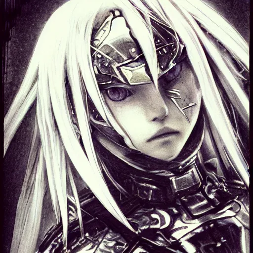 Prompt: yoshitaka amano realistic three quarter angle illustration of an anime girl with black eyes, wavy white hair fluttering in the wind and cracks on her face wearing elden ring armour with engraving, abstract black and white patterns on the background, noisy film grain effect, highly detailed, renaissance oil painting, weird portrait angle, blurred and dreamy polaroid photo