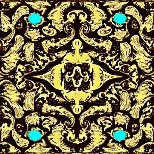 Image similar to geometrically displaced rococo floral filigree, dramatic lighting with hints of neon trim, bilateral symmetry, full color