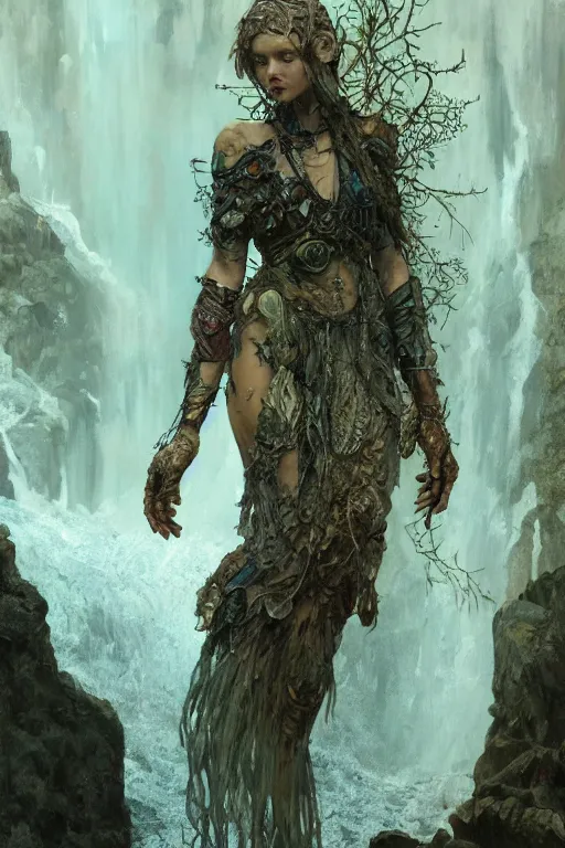 Image similar to a full body portrait of a beautiful post apocalyptic offworld neoicelandic biofarmer swimming by the waterfalls, intricate, elegant, highly detailed, digital painting, artstation, concept art, smooth, sharp focus, illustration, art by krenz cushart and artem demura and alphonse mucha