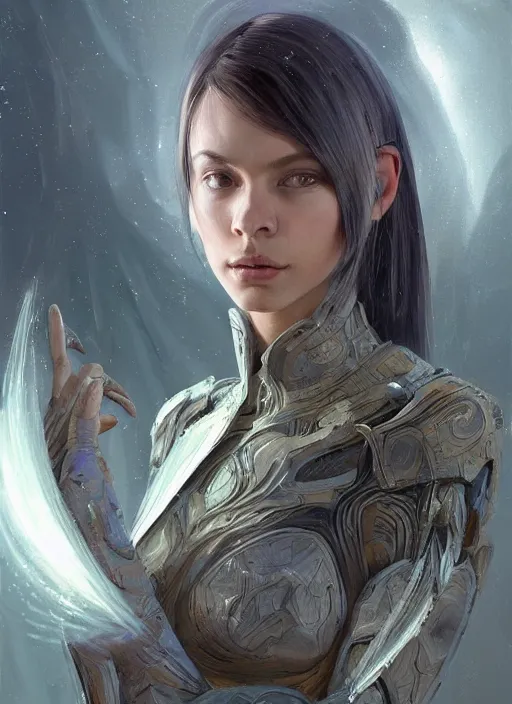 Image similar to a professional painting of a beautiful young female alien, clothed in ethereal armor, olive skin, long dark hair, beautiful bone structure, symmetrical facial features, intricate, elegant, digital painting, concept art, smooth, sharp focus, illustration, from Valerian and the City of a Thousand Planets, by Ruan Jia and Mandy Jurgens and Artgerm and William-Adolphe Bouguerea