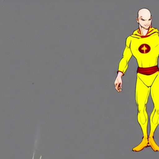 Prompt: character design of a bald japanese man wearing a yellow jumpsuit and a white cape, Marvel, concept art, full-body, super hero design