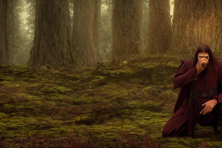 Prompt: still from a fantasy movie, a warlock on his knees crying, looking up, red eyes from crying, forest in the background, muted colors, 8 k, cinematic, very detailed face, hyperrealistic, movie still frame, promotional image, imax 7 0 mm footage