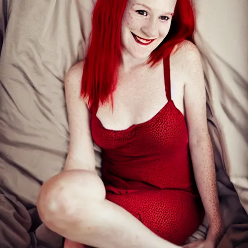 Prompt: young pretty woman with red hair smiling seductively at the camera, very light freckles, wearing a nightie, sitting in bed, award winning portrait photo by annie liebowitz