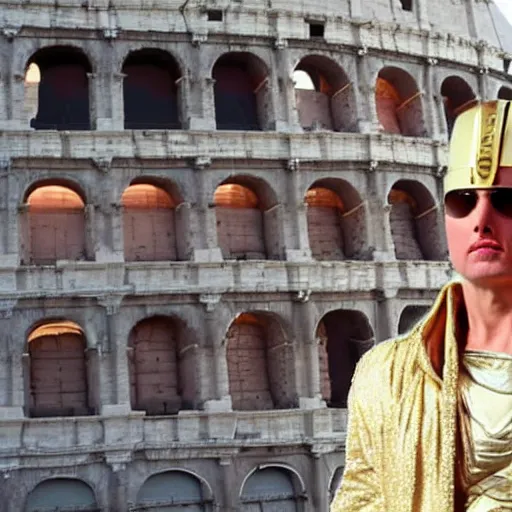 Prompt: tom cruise dressed as a pharaoh in the middle of the roman colosseum