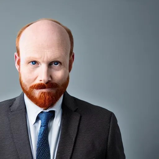 Prompt: Blue eyed ginger balding middle aged man with stubble, corporate portait, headshot, profile