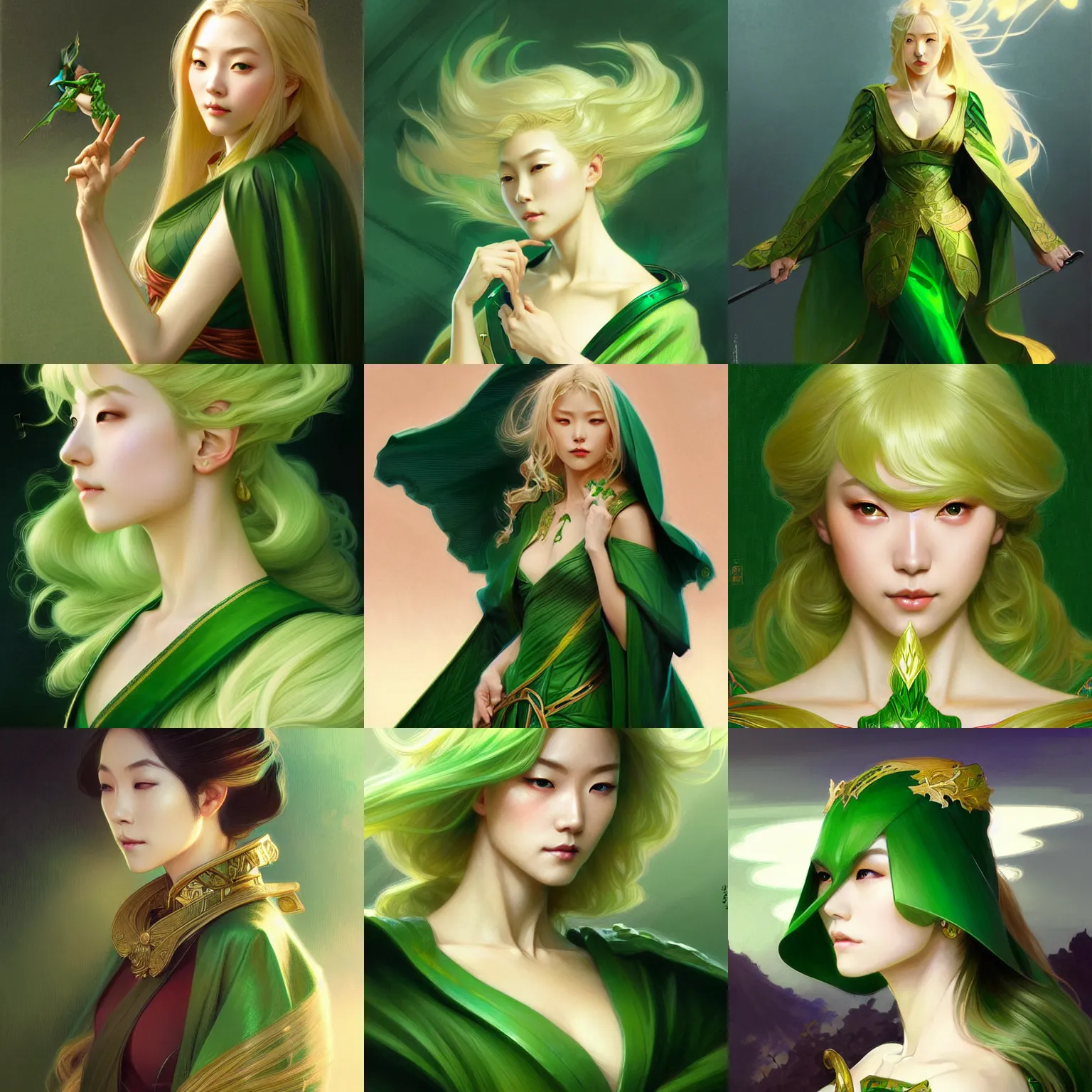 Prompt: japanese beauty, blond hair, green cape, d & d, fantasy, intricate, elegant, highly detailed, digital painting, artstation, concept art, smooth, sharp focus, illustration, art by artgerm and greg rutkowski and alphonse mucha