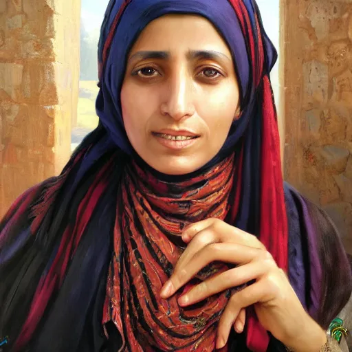 Image similar to portrait of an yemeni woman ( 3 5 ) from yemen in 2 0 2 1, an oil painting by ross tran and thomas kincade