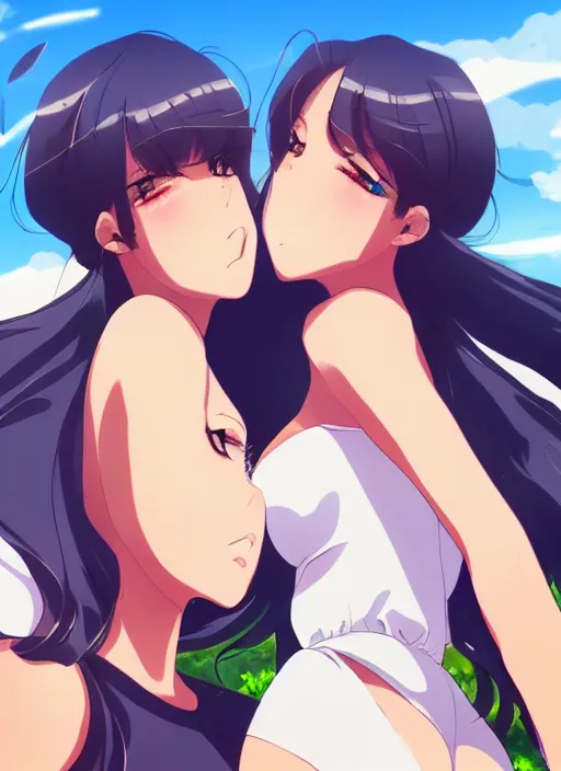 Prompt: two beautiful mothers under a blue sky, summer clothes, gorgeous faces, thick lines, cinematic lighting, detailed anime art