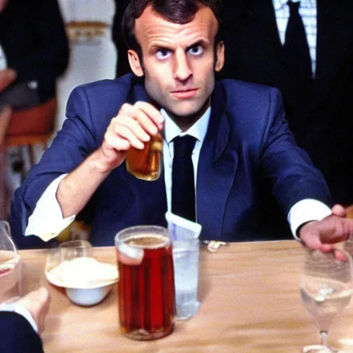 Image similar to Emmanuel Macron drinking beers in American Psycho (1999)