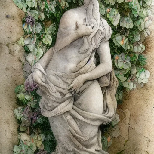 Image similar to delicate marble statue in a garden, stony, puffy, botanical herbarium paper, botanic, watercolors, pencil, iridescent colors, 8 k, realistic shaded, fine details, artstation, italian, colonnade, hydrangea, vines, gardena architecture, pompeii