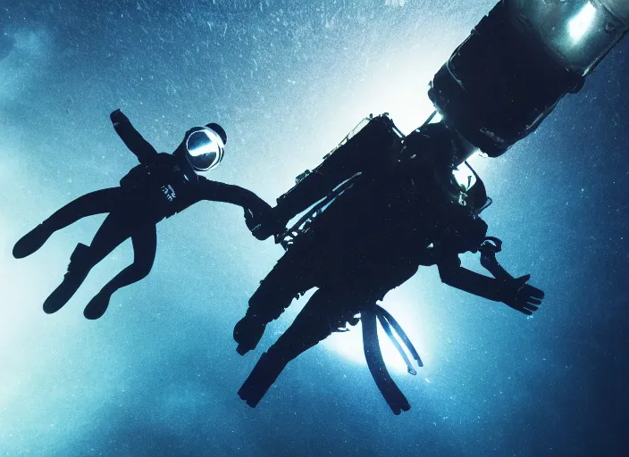 Image similar to dark claustrophobic underwater photo of an astronaut underwater putting a flag on the bottom of the ocean. in the background, a submarine is visible. dark, concept art, cinematic, dramatic, blender, photorealistic, octane render, 8 k, volumetric lighting, trending on artstation