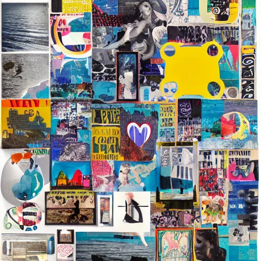 Image similar to collage made of magazine cutouts, large silhouettes, ocean theme, love theme, dramatic typography, museum of modern art, museum of contemporary art, auction, record - setting, detailed, photorealistic